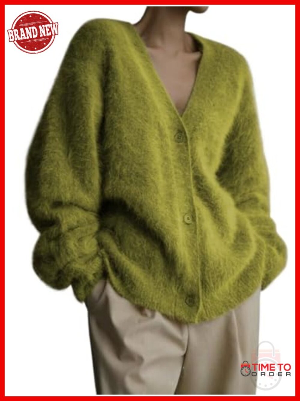 Womens Fuzzy Y2K V-Neck Button Down Cardigan Oversized Mohair Knit Sweater